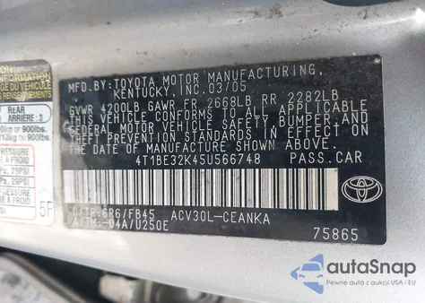 2005 Toyota Camry Le из США, поврежденный, VIN 4T1BE32K45U566748